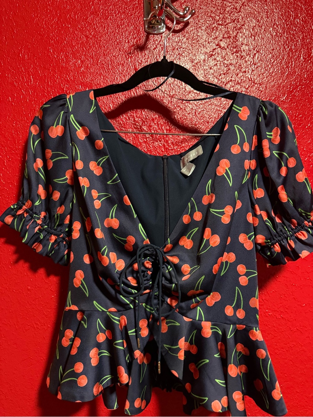 137. Preloved Finders Keepers Navy Cherry Print Peplum Top with Tie